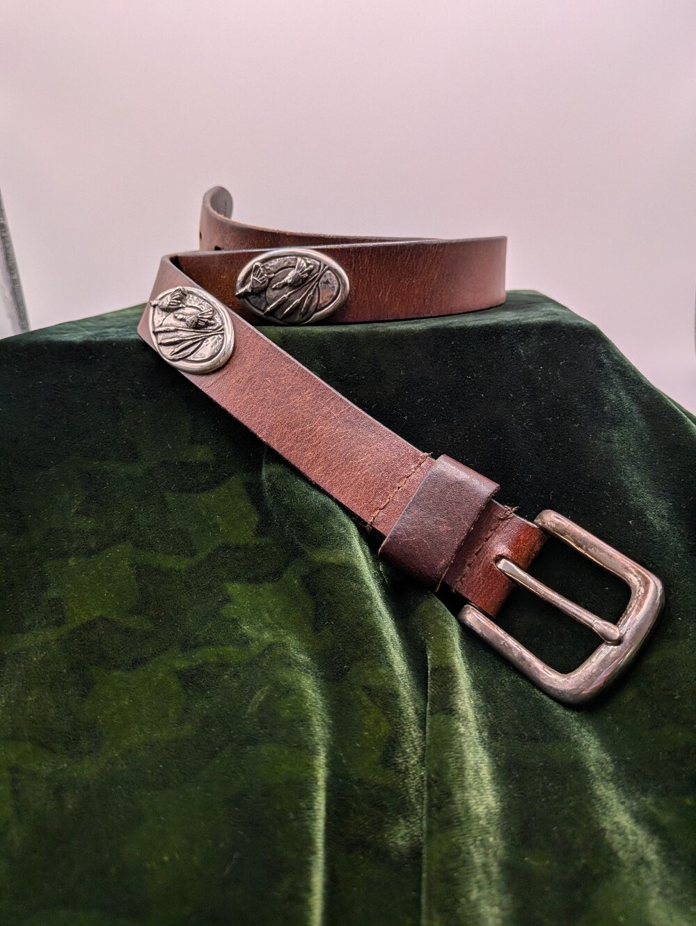 Vintage Men's Brown Genuine Leather With Flying Duck Silver Colored Conchos 38"+